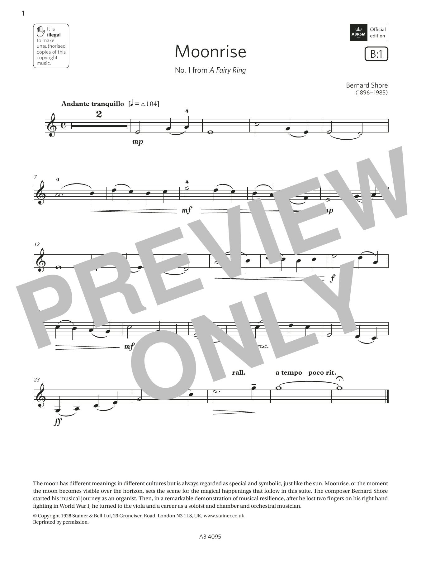 Bernard Shore Moonrise (Grade 1, B1, from the ABRSM Violin Syllabus from 2024) sheet music, chords, lyrics - Printable PDF for Violin Solo