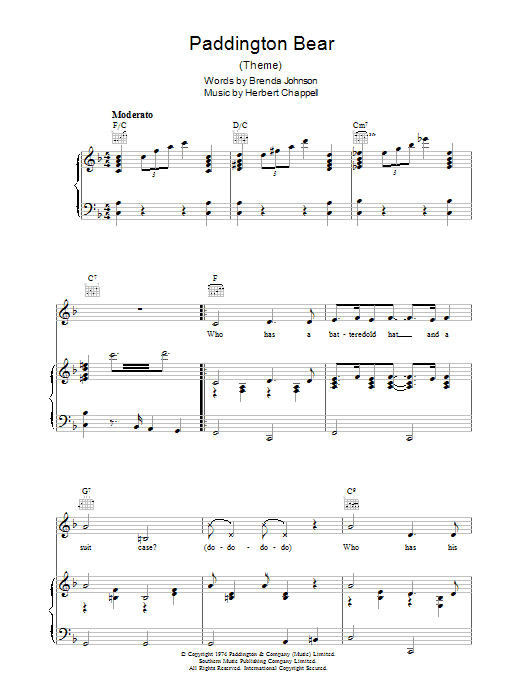 Learn to play Bernard Cribbins Paddington Bear sheet music for Piano, Vocal & Guitar (Right-Hand Melody) in minutes. Bernard Cribbins Paddington Bear sheet music preview music notes and score for Piano, Vocal & Guitar (Right-Hand Melody) including 4 page(s)