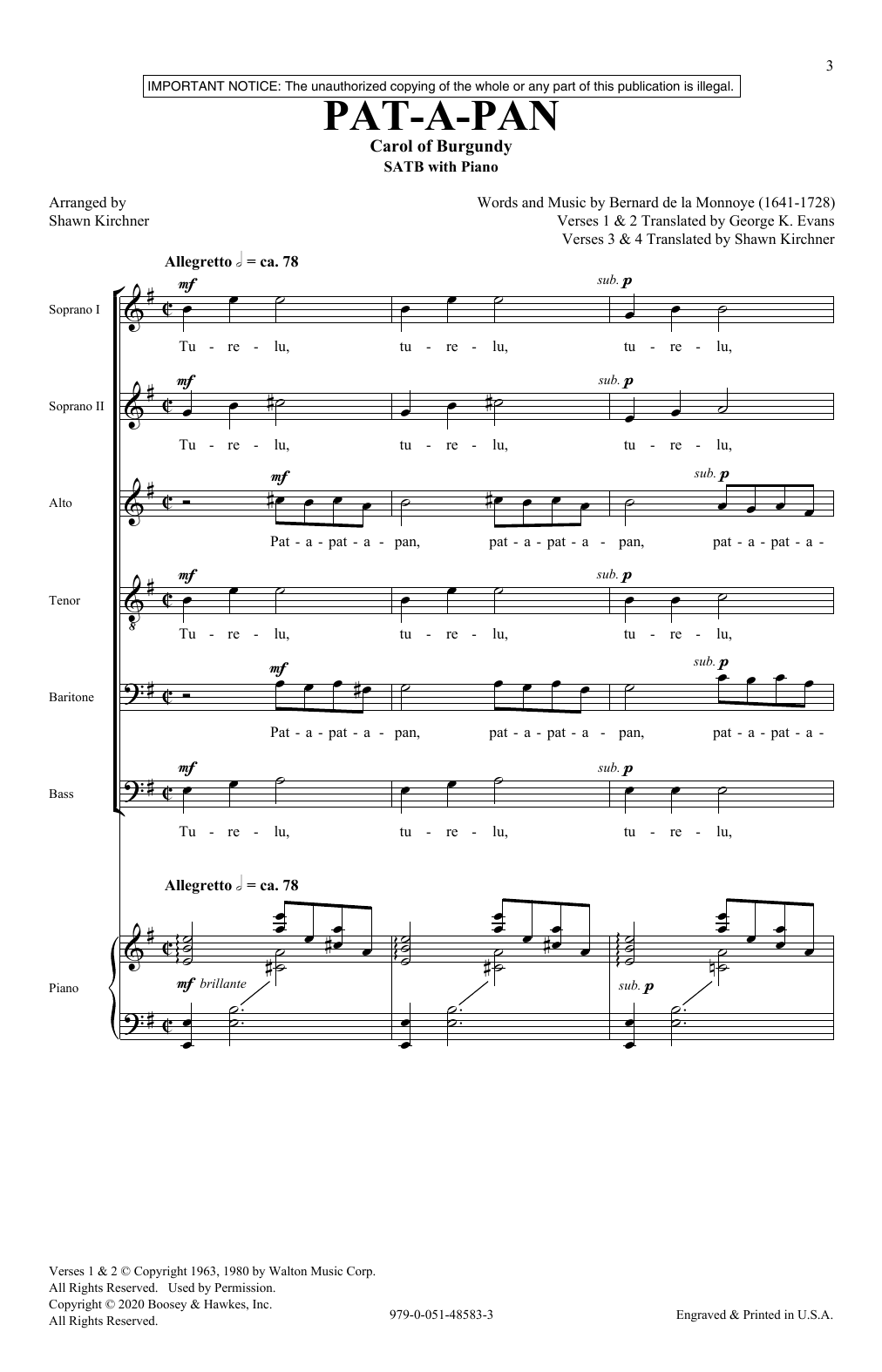Learn to play Bernard de la Monnoye Pat-A-Pan (arr. Shawn Kirchner) sheet music for SATB Choir in minutes. Bernard de la Monnoye Pat-A-Pan (arr. Shawn Kirchner) sheet music preview music notes and score for SATB Choir including 13 page(s)