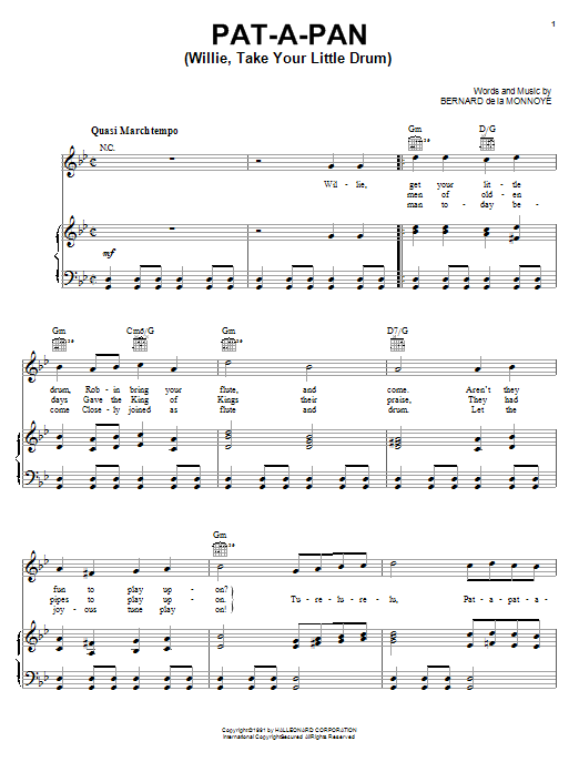Learn to play Bernard de la Monnoye Pat-A-Pan (Willie, Take Your Little Drum) sheet music for Easy Piano in minutes. Bernard de la Monnoye Pat-A-Pan (Willie, Take Your Little Drum) sheet music preview music notes and score for Easy Piano including 3 page(s)