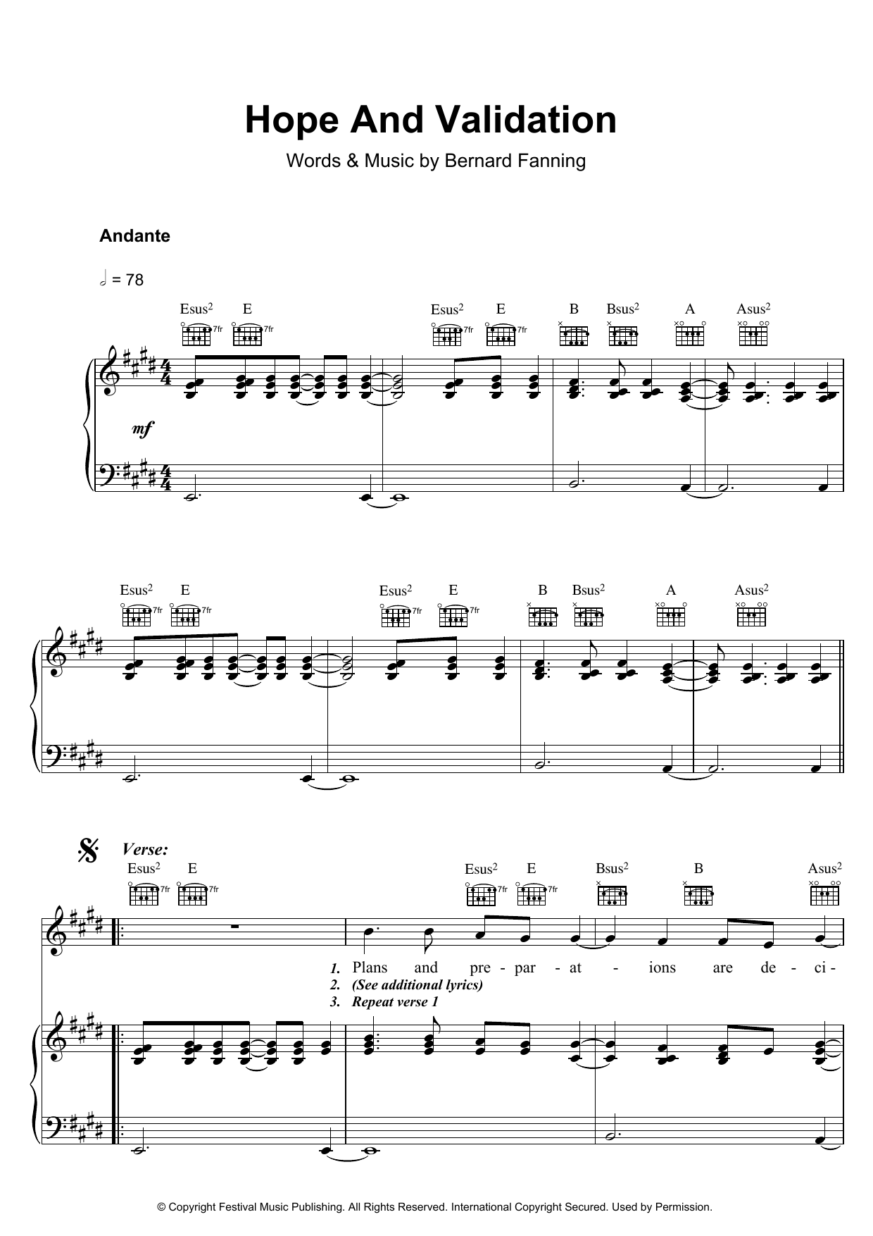 Learn to play Bernard Fanning Hope And Validation sheet music for Piano, Vocal & Guitar in minutes. Bernard Fanning Hope And Validation sheet music preview music notes and score for Piano, Vocal & Guitar including 5 page(s)