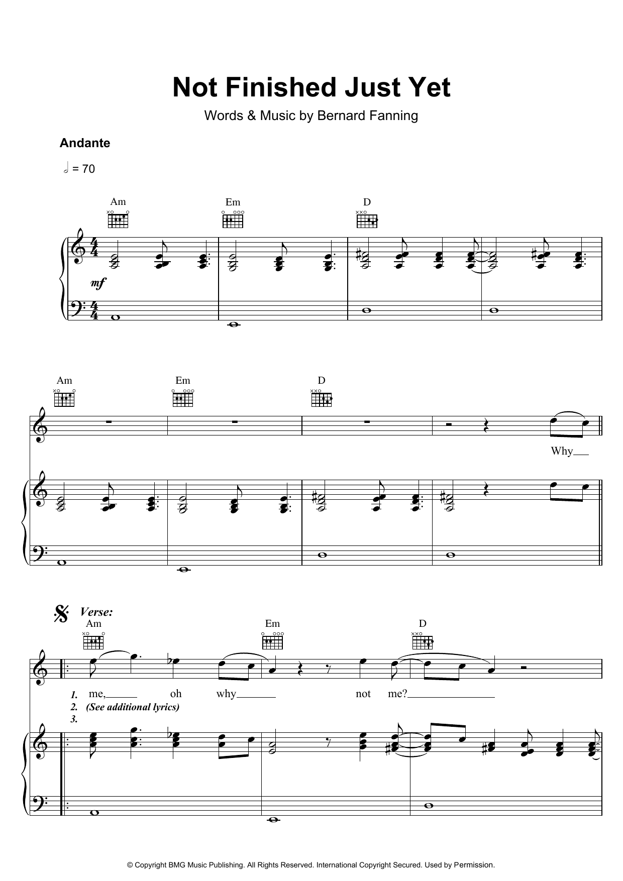 Bernard Fanning Not Finished Just Yet sheet music preview music notes and score for Piano, Vocal & Guitar (Right-Hand Melody) including 6 page(s)