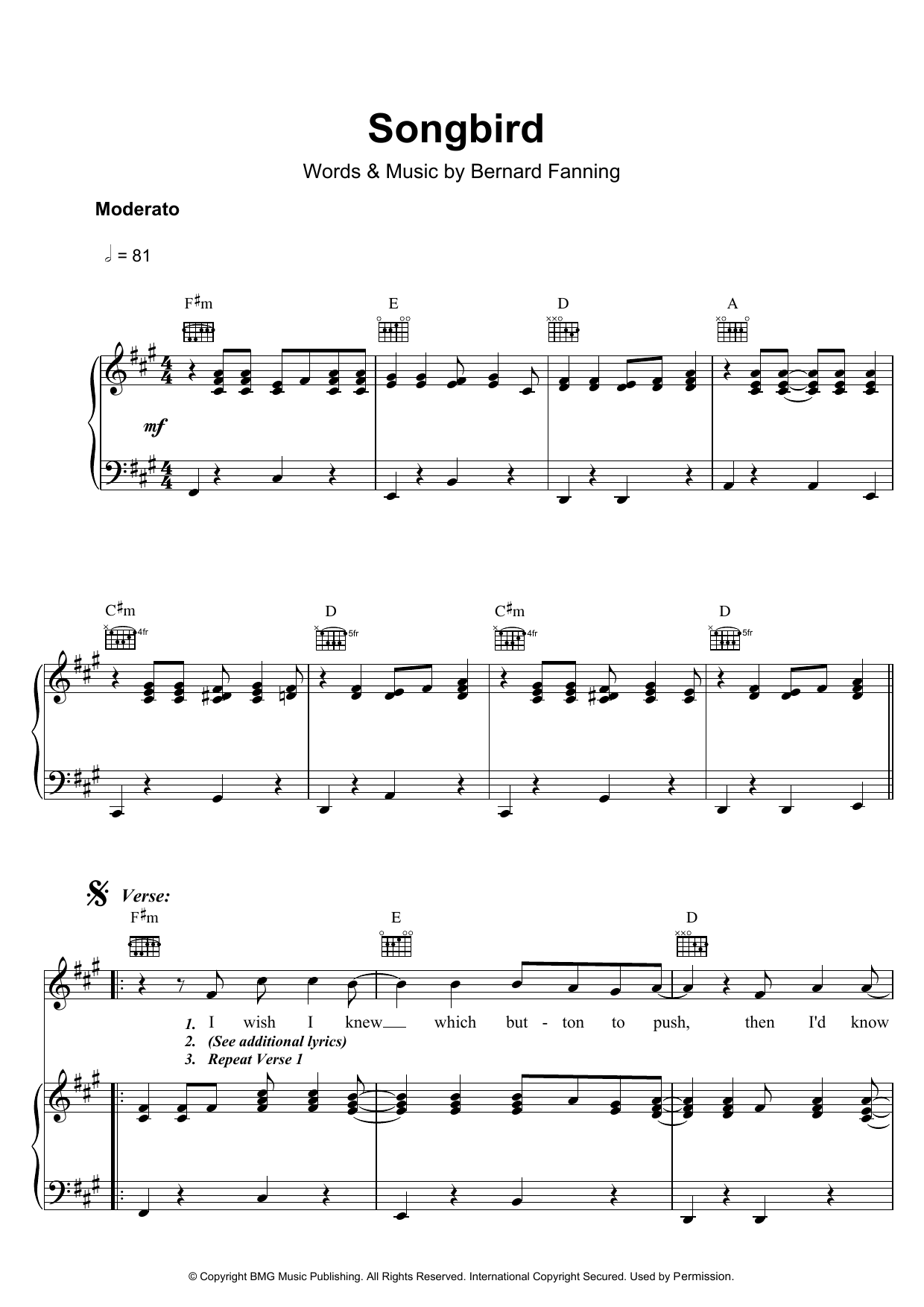 Learn to play Bernard Fanning Songbird sheet music for Piano, Vocal & Guitar (Right-Hand Melody) in minutes. Bernard Fanning Songbird sheet music preview music notes and score for Piano, Vocal & Guitar (Right-Hand Melody) including 6 page(s)