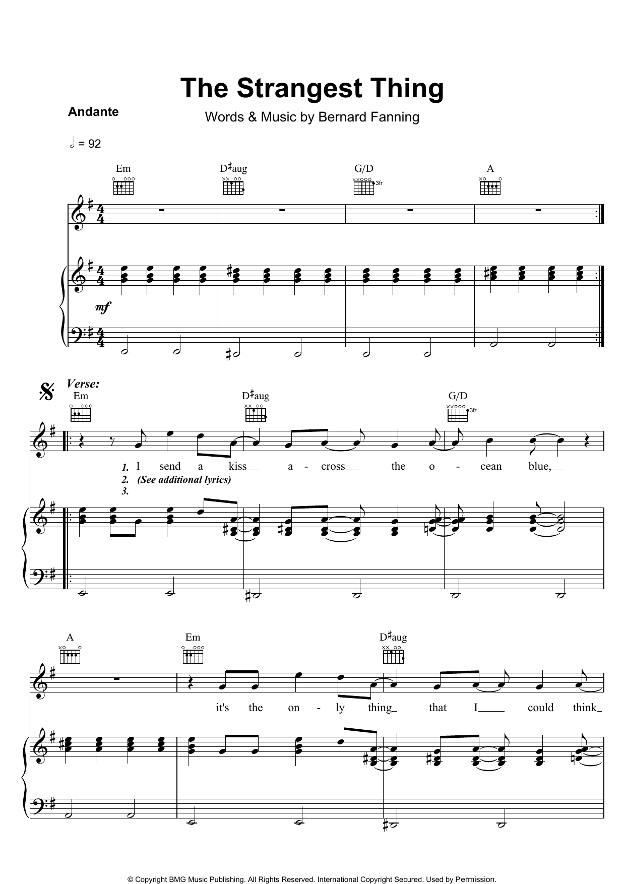 Learn to play Bernard Fanning The Strangest Thing sheet music for Piano, Vocal & Guitar (Right-Hand Melody) in minutes. Bernard Fanning The Strangest Thing sheet music preview music notes and score for Piano, Vocal & Guitar (Right-Hand Melody) including 7 page(s)