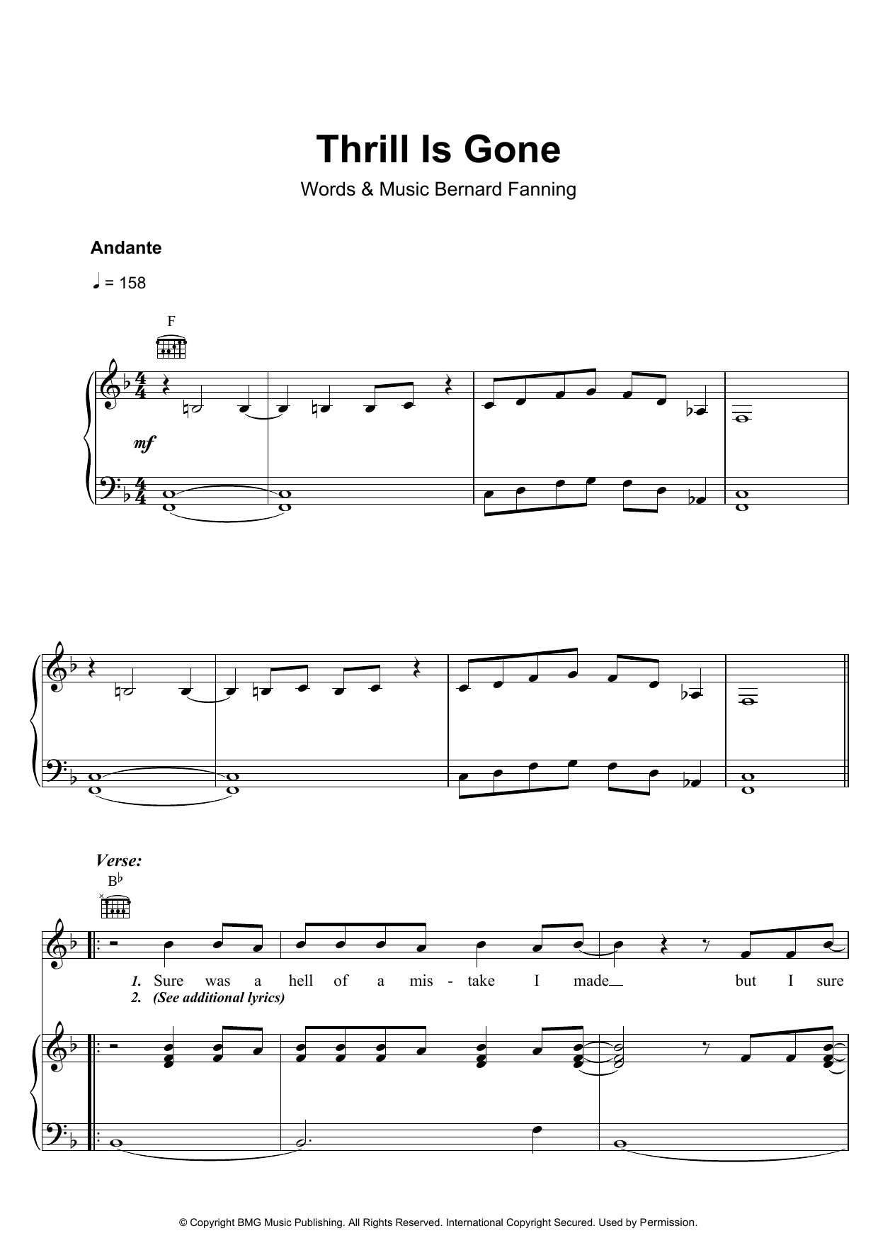 Learn to play Bernard Fanning Thrill Is Gone sheet music for Piano, Vocal & Guitar (Right-Hand Melody) in minutes. Bernard Fanning Thrill Is Gone sheet music preview music notes and score for Piano, Vocal & Guitar (Right-Hand Melody) including 5 page(s)
