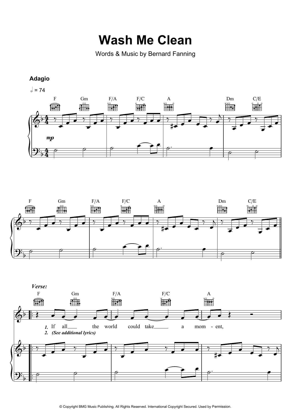 Learn to play Bernard Fanning Wash Me Clean sheet music for Piano, Vocal & Guitar in minutes. Bernard Fanning Wash Me Clean sheet music preview music notes and score for Piano, Vocal & Guitar including 5 page(s)