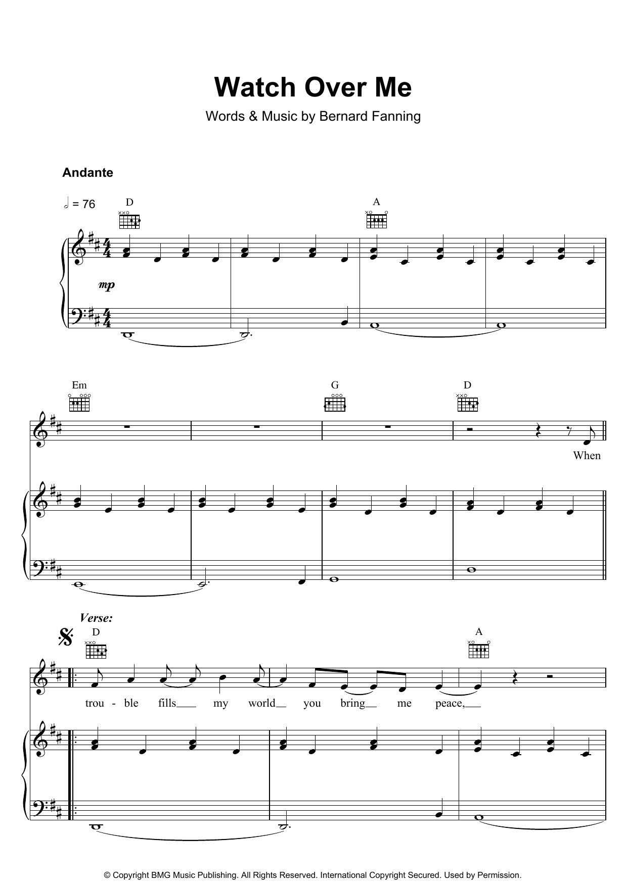 Learn to play Bernard Fanning Watch Over Me sheet music for Piano, Vocal & Guitar in minutes. Bernard Fanning Watch Over Me sheet music preview music notes and score for Piano, Vocal & Guitar including 5 page(s)