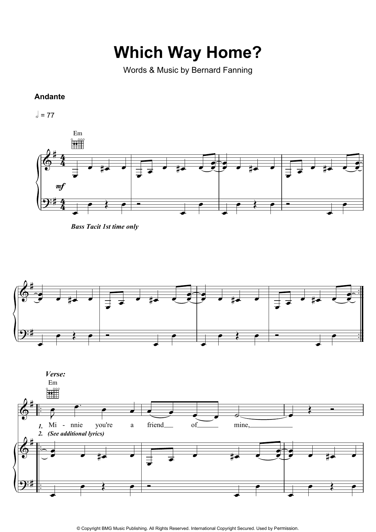 Learn to play Bernard Fanning Which Way Home sheet music for Piano, Vocal & Guitar in minutes. Bernard Fanning Which Way Home sheet music preview music notes and score for Piano, Vocal & Guitar including 7 page(s)