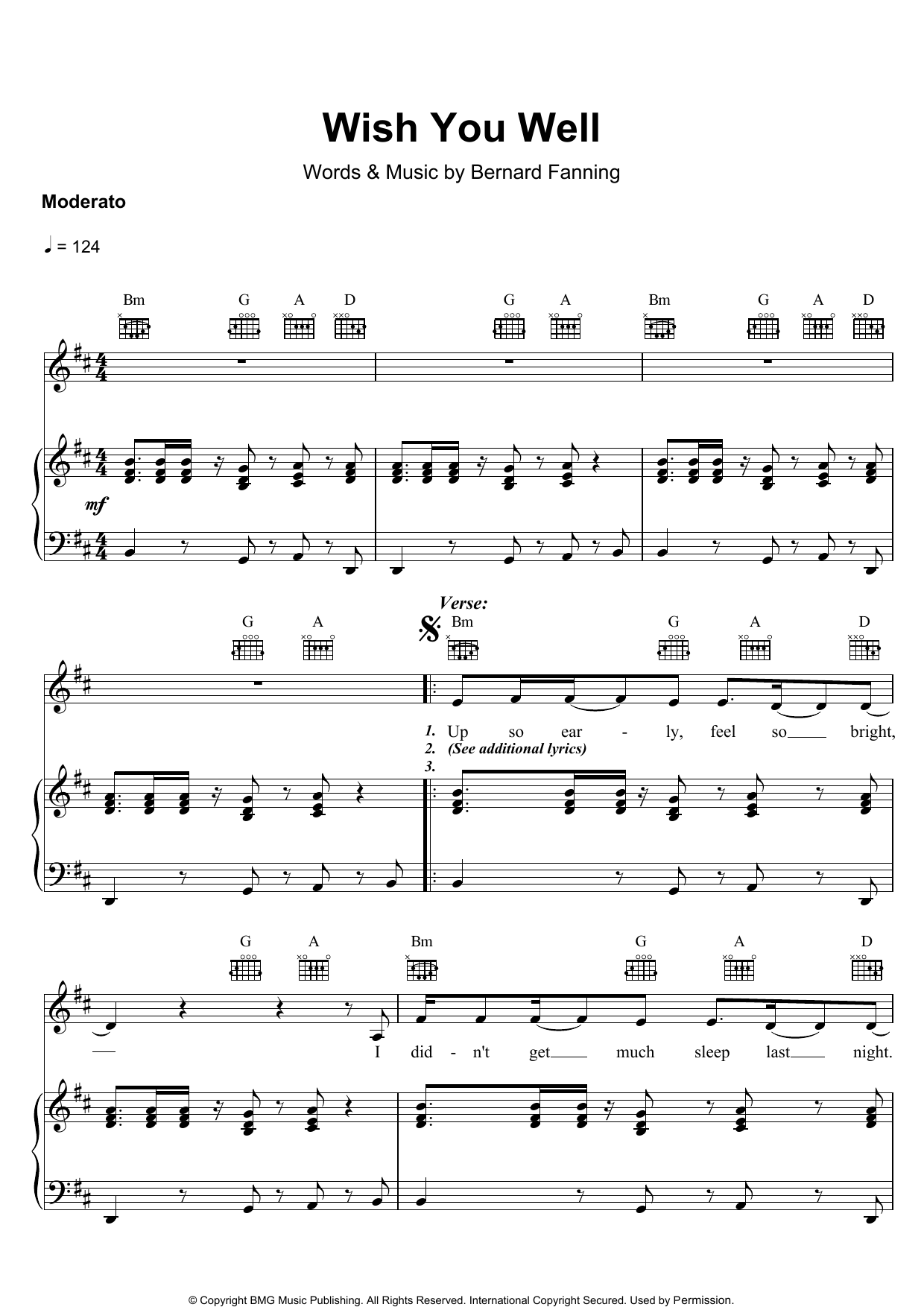 Learn to play Bernard Fanning Wish You Well sheet music for Piano, Vocal & Guitar in minutes. Bernard Fanning Wish You Well sheet music preview music notes and score for Piano, Vocal & Guitar including 7 page(s)