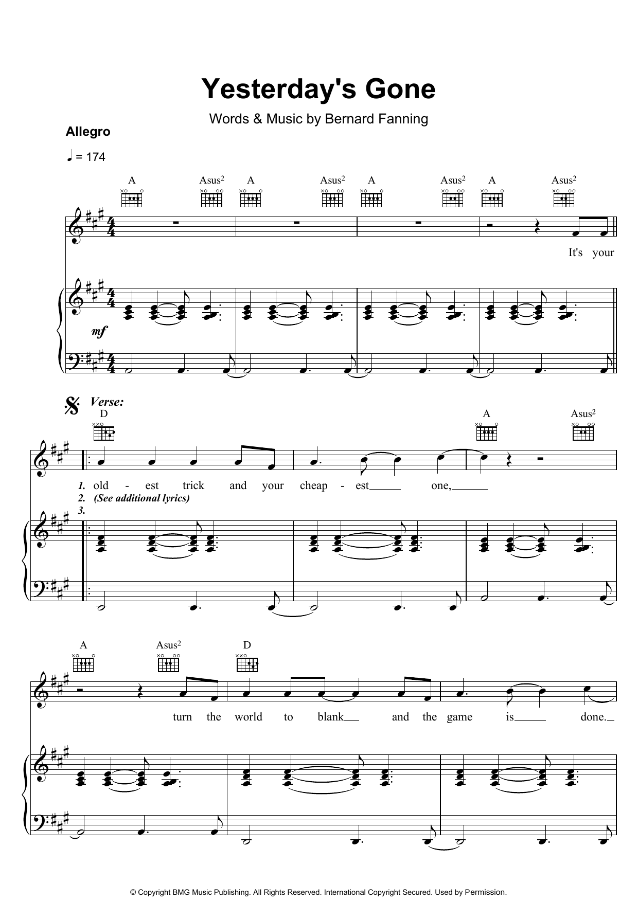Bernard Fanning Yesterday's Gone sheet music preview music notes and score for Piano, Vocal & Guitar including 5 page(s)