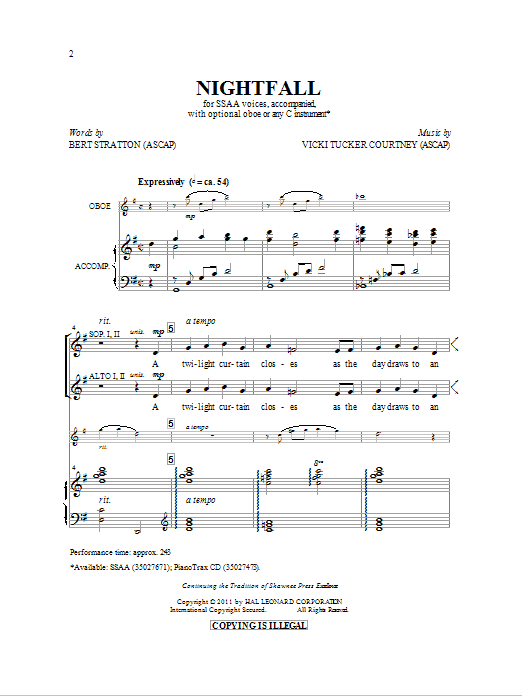 Download Vicki Tucker Courtney Nightfall sheet music notes and chords for SSA - Download Printable PDF and start playing in minutes.