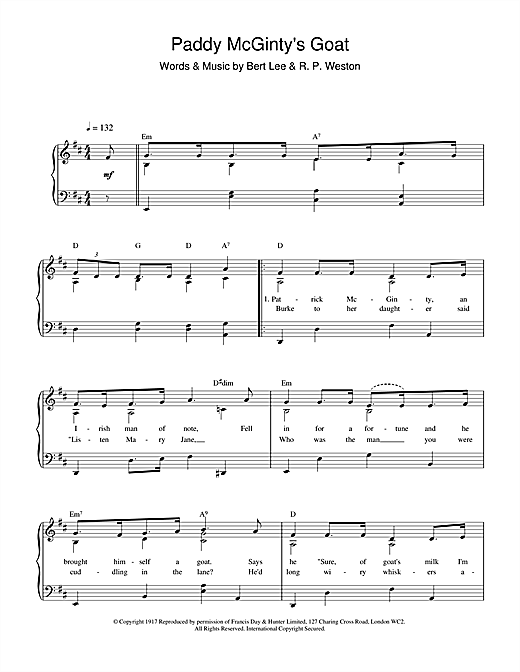 Learn to play Bert Lee Paddy McGinty's Goat sheet music for Piano, Vocal & Guitar (Right-Hand Melody) in minutes. Bert Lee Paddy McGinty's Goat sheet music notes and chords