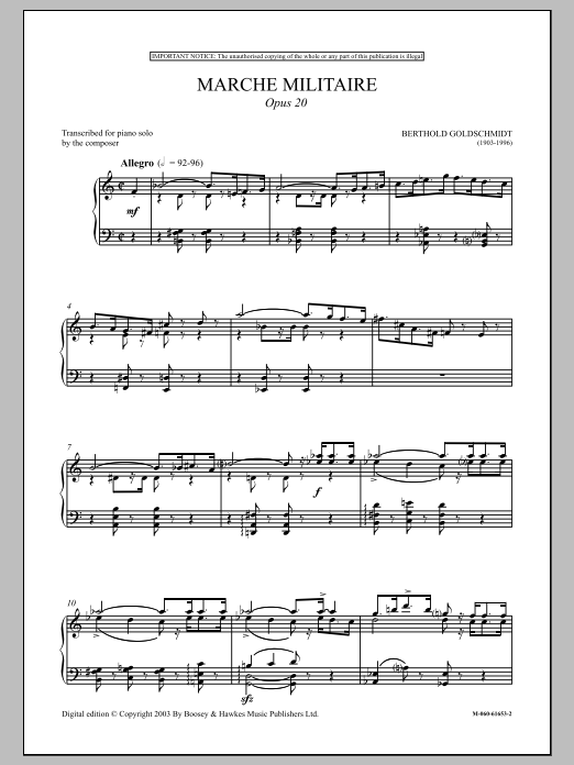 Learn to play Berthold Goldschmidt Marche Militaire, Op. 20 sheet music for Piano in minutes. Berthold Goldschmidt Marche Militaire, Op. 20 sheet music preview music notes and score for Piano including 8 page(s)
