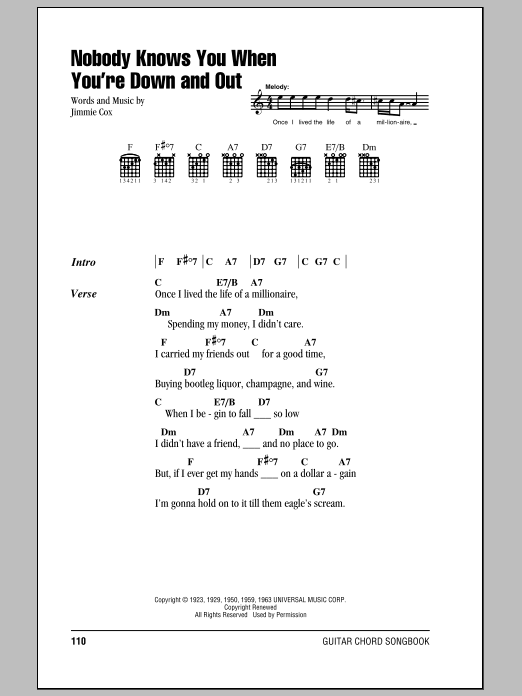 Learn to play Bessie Smith Nobody Knows You When You're Down And Out sheet music for Guitar Tab in minutes. Bessie Smith Nobody Knows You When You're Down And Out sheet music preview music notes and score for Guitar Tab including 4 page(s)