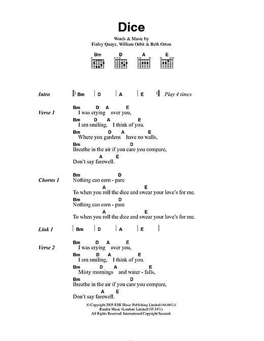 Beth Orton Dice sheet music, chords, lyrics - Printable PDF for Lyrics & Chords