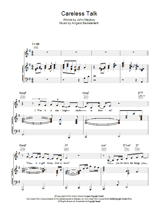 Learn to play Beth Rowley Careless Talk sheet music for Piano, Vocal & Guitar in minutes. Beth Rowley Careless Talk sheet music preview music notes and score for Piano, Vocal & Guitar including 4 page(s)