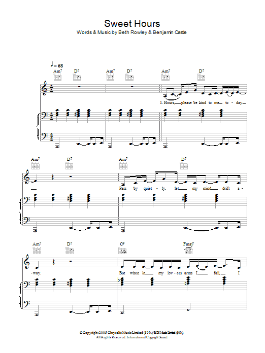 Learn to play Beth Rowley Sweet Hours sheet music for Piano, Vocal & Guitar in minutes. Beth Rowley Sweet Hours sheet music preview music notes and score for Piano, Vocal & Guitar including 5 page(s)