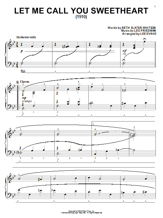 Learn to play Beth Slater Whitson Let Me Call You Sweetheart sheet music for Piano in minutes. Beth Slater Whitson Let Me Call You Sweetheart sheet music preview music notes and score for Piano including 4 page(s)