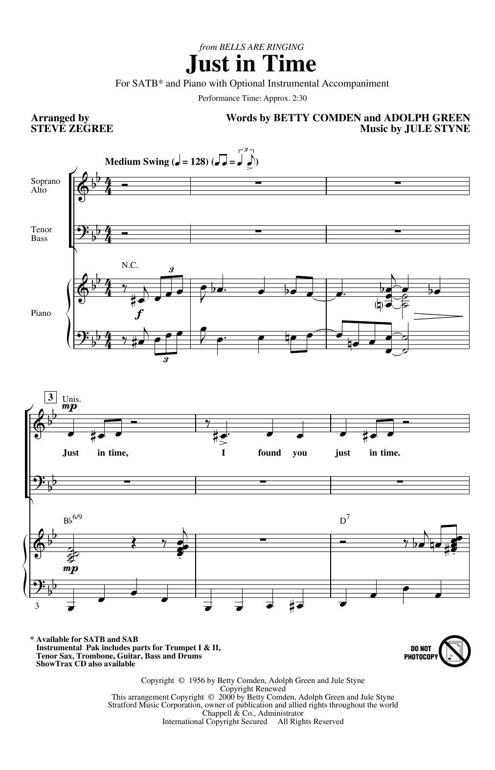 Betty Comden, Adolph Green & Jule Styne Just In Time (from Bells Are Ringing) (arr. Steve Zegree) sheet music, chords, lyrics - Printable PDF for SATB Choir