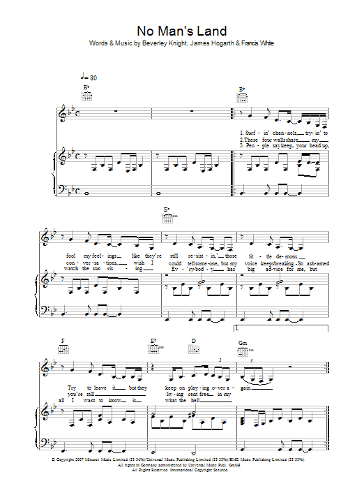 Learn to play Beverley Knight No Man's Land sheet music for Piano, Vocal & Guitar in minutes. Beverley Knight No Man's Land sheet music preview music notes and score for Piano, Vocal & Guitar including 5 page(s)