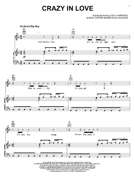 Learn to play Beyoncé Crazy In Love sheet music for Piano, Vocal & Guitar (Right-Hand Melody) in minutes. Beyoncé Crazy In Love sheet music notes and chords