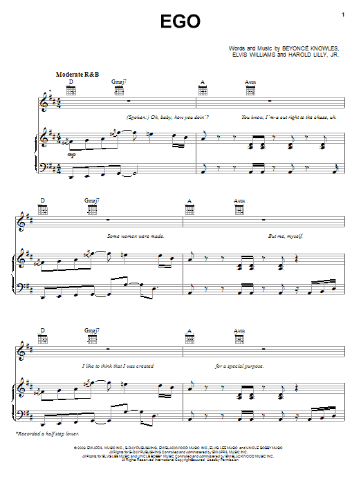 Learn to play Beyoncé Ego sheet music for Piano, Vocal & Guitar (Right-Hand Melody) in minutes. Beyoncé Ego sheet music preview music notes and score for Piano, Vocal & Guitar (Right-Hand Melody) including 7 page(s)