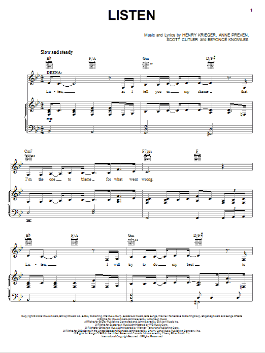 Beyoncé Listen (Broadway Revival Version) sheet music, chords, lyrics - Printable PDF for Piano, Vocal & Guitar (Right-Hand Melody)