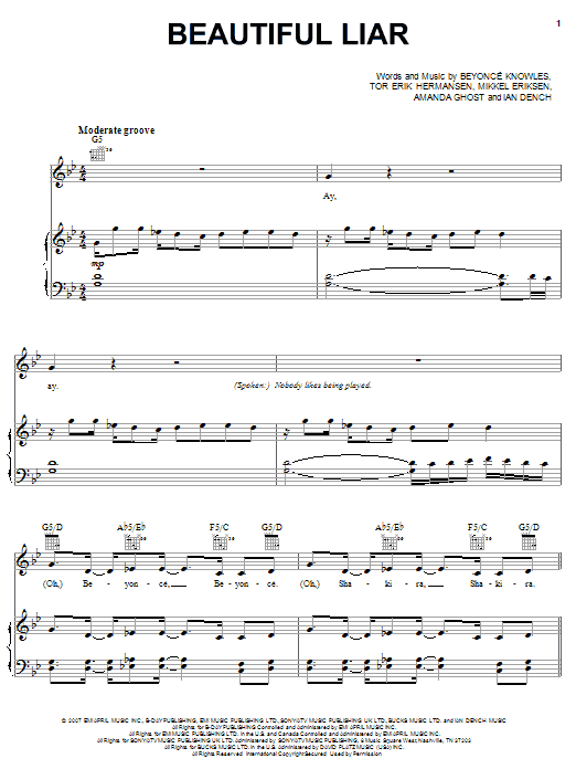 Learn to play Beyoncé & Shakira Beautiful Liar sheet music for Piano, Vocal & Guitar (Right-Hand Melody) in minutes. Beyoncé & Shakira Beautiful Liar sheet music preview music notes and score for Piano, Vocal & Guitar (Right-Hand Melody) including 8 page(s)