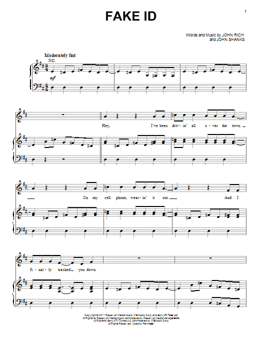 Learn to play Big & Rich Fake I.D. sheet music for Piano, Vocal & Guitar (Right-Hand Melody) in minutes. Big & Rich Fake I.D. sheet music preview music notes and score for Piano, Vocal & Guitar (Right-Hand Melody) including 8 page(s)