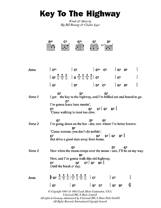 Learn to play Big Bill Broonzy Key To The Highway sheet music for Guitar Tab in minutes. Big Bill Broonzy Key To The Highway sheet music preview music notes and score for Guitar Tab including 2 page(s)