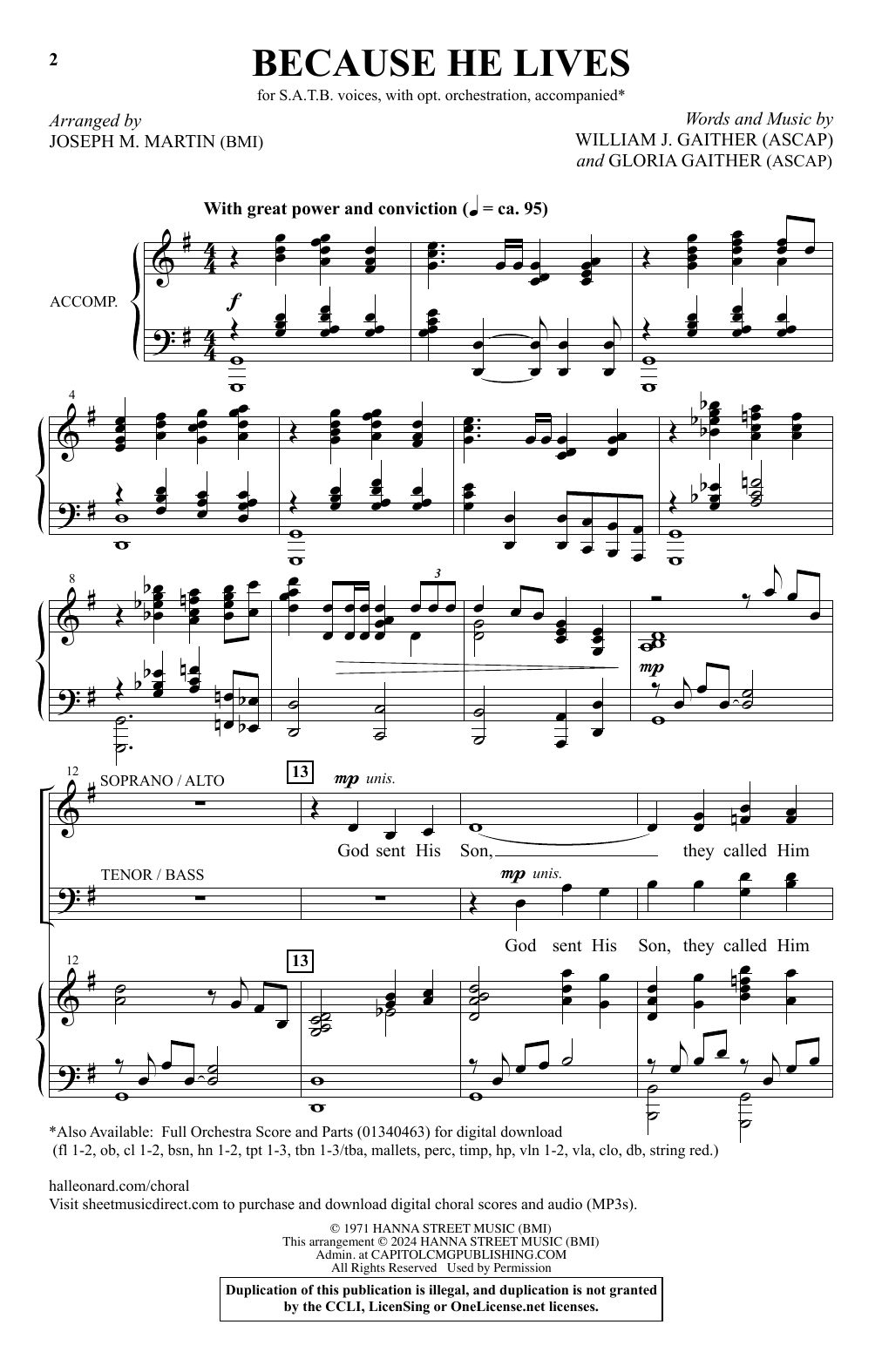 Bill & Gloria Gaither Because He Lives (arr. Joseph M. Martin) sheet music, chords, lyrics - Printable PDF for SATB Choir