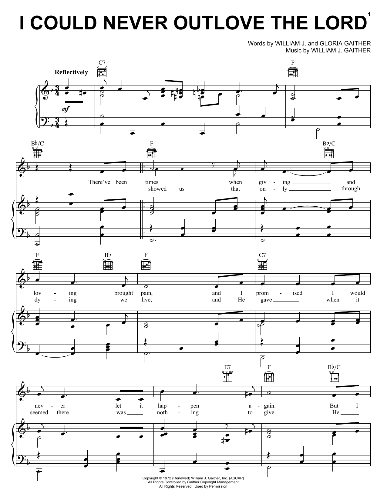 Gaither Vocal Band I Could Never Outlove The Lord sheet music, chords, lyrics - Printable PDF for Piano, Vocal & Guitar (Right-Hand Melody)