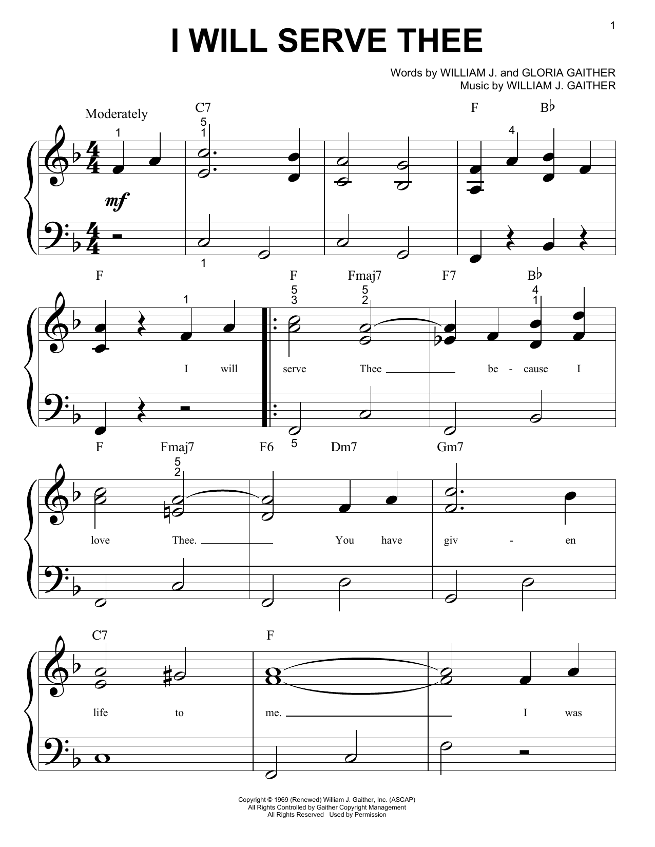 Bill & Gloria Gaither I Will Serve Thee sheet music, chords, lyrics - Printable PDF for Piano (Big Notes)