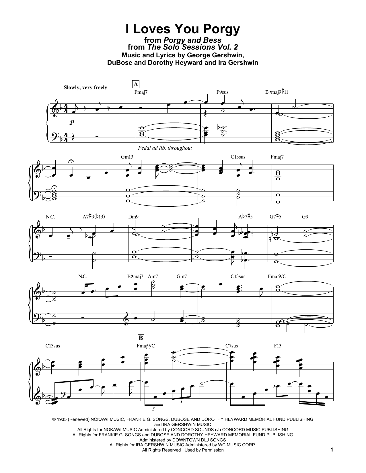 Bill Evans I Loves You, Porgy (from Porgy and Bess) sheet music, chords, lyrics - Printable PDF for Piano Solo