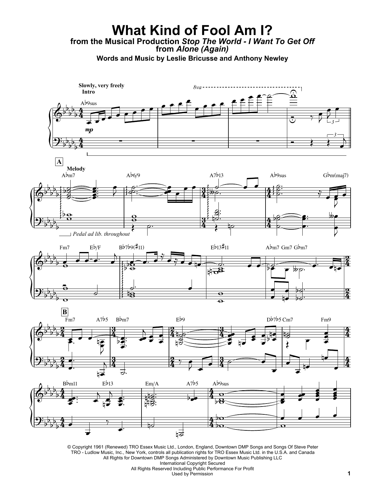 Bill Evans What Kind Of Fool Am I? (from Stop The World - I Want To Get Off) sheet music, chords, lyrics - Printable PDF for Piano Solo