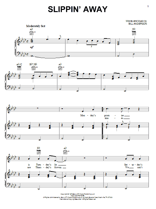 Learn to play Bill Anderson Slippin' Away sheet music for Piano, Vocal & Guitar (Right-Hand Melody) in minutes. Bill Anderson Slippin' Away sheet music preview music notes and score for Piano, Vocal & Guitar (Right-Hand Melody) including 5 page(s)