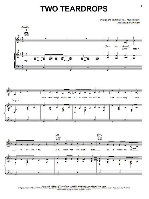 Learn to play Bill Anderson Two Teardrops sheet music for Piano, Vocal & Guitar (Right-Hand Melody) in minutes. Bill Anderson Two Teardrops sheet music preview music notes and score for Piano, Vocal & Guitar (Right-Hand Melody) including 7 page(s)