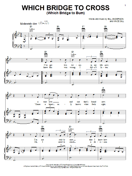 Learn to play Bill Anderson Which Bridge To Cross (Which Bridge To Burn) sheet music for Piano, Vocal & Guitar (Right-Hand Melody) in minutes. Bill Anderson Which Bridge To Cross (Which Bridge To Burn) sheet music preview music notes and score for Piano, Vocal & Guitar (Right-Hand Melody) including 5 page(s)