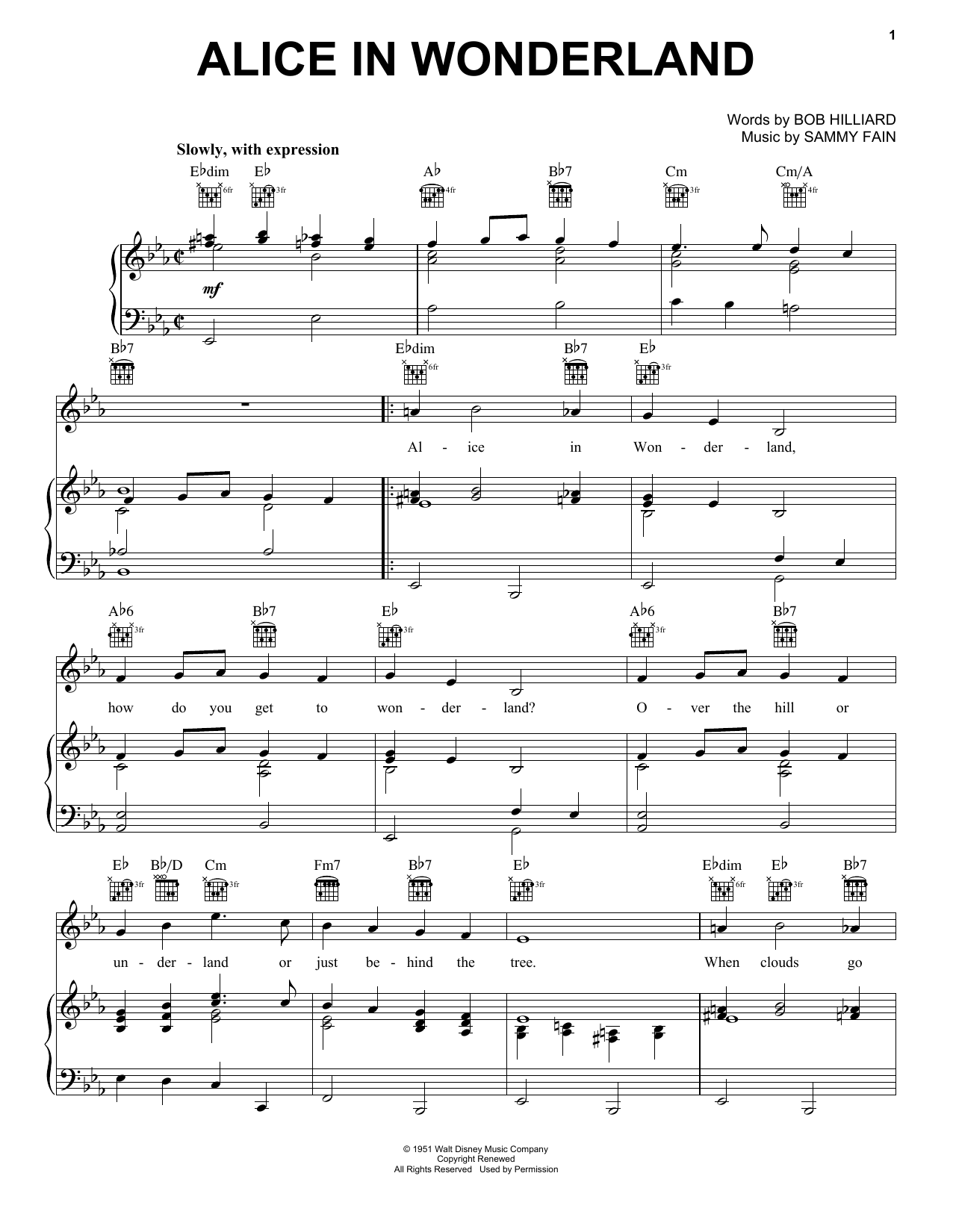 Bill Evans Alice In Wonderland sheet music preview music notes and score for Piano, Vocal & Guitar (Right-Hand Melody) including 3 page(s)