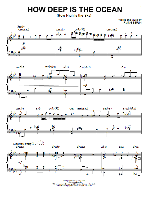 Learn to play Bill Evans How Deep Is The Ocean (How High Is The Sky) sheet music for Piano in minutes. Bill Evans How Deep Is The Ocean (How High Is The Sky) sheet music preview music notes and score for Piano including 5 page(s)