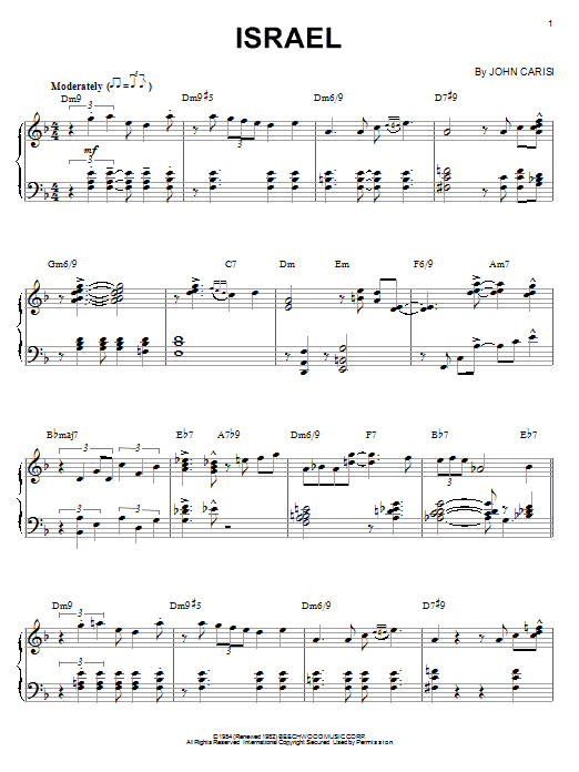 Bill Evans Israel sheet music preview music notes and score for Piano including 13 page(s)