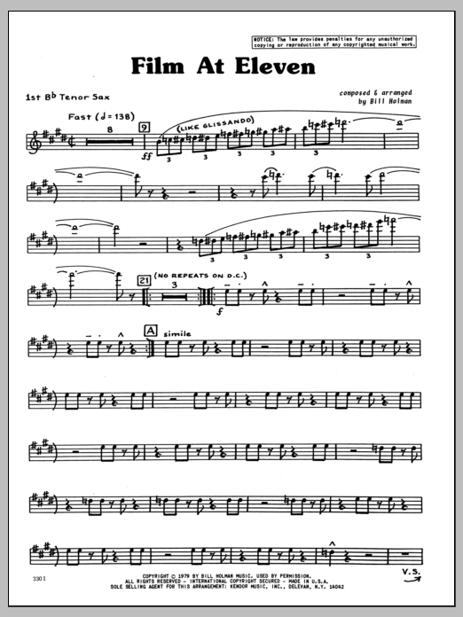 Learn to play Bill Holman Film At Eleven - 1st Bb Tenor Saxophone sheet music for Jazz Ensemble in minutes. Bill Holman Film At Eleven - 1st Bb Tenor Saxophone sheet music preview music notes and score for Jazz Ensemble including 4 page(s)