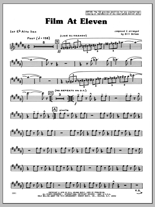Learn to play Bill Holman Film At Eleven - 1st Eb Alto Saxophone sheet music for Jazz Ensemble in minutes. Bill Holman Film At Eleven - 1st Eb Alto Saxophone sheet music preview music notes and score for Jazz Ensemble including 4 page(s)