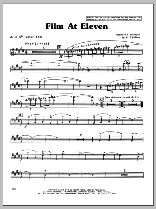 Learn to play Bill Holman Film At Eleven - 2nd Bb Tenor Saxophone sheet music for Jazz Ensemble in minutes. Bill Holman Film At Eleven - 2nd Bb Tenor Saxophone sheet music preview music notes and score for Jazz Ensemble including 4 page(s)
