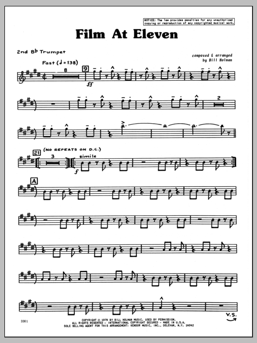 Learn to play Bill Holman Film At Eleven - 2nd Bb Trumpet sheet music for Jazz Ensemble in minutes. Bill Holman Film At Eleven - 2nd Bb Trumpet sheet music preview music notes and score for Jazz Ensemble including 4 page(s)