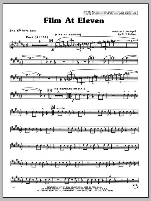 Learn to play Bill Holman Film At Eleven - 2nd Eb Alto Saxophone sheet music for Jazz Ensemble in minutes. Bill Holman Film At Eleven - 2nd Eb Alto Saxophone sheet music preview music notes and score for Jazz Ensemble including 4 page(s)