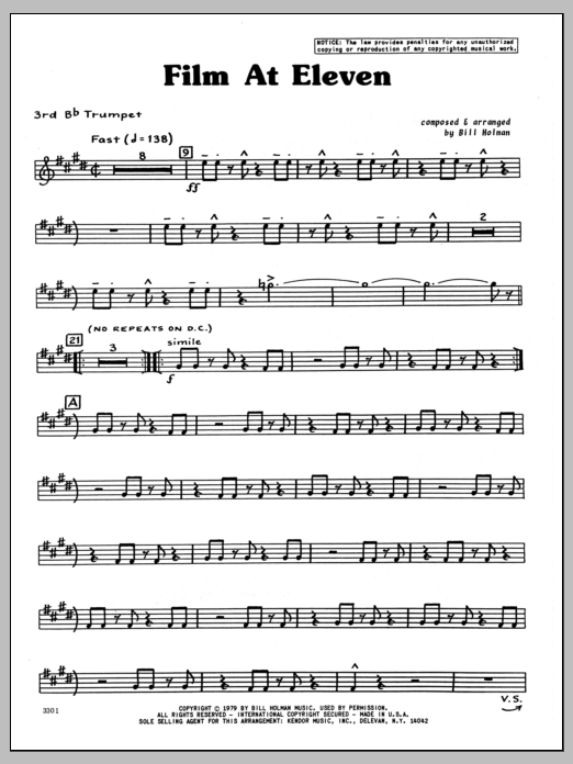 Learn to play Bill Holman Film At Eleven - 3rd Bb Trumpet sheet music for Jazz Ensemble in minutes. Bill Holman Film At Eleven - 3rd Bb Trumpet sheet music preview music notes and score for Jazz Ensemble including 4 page(s)