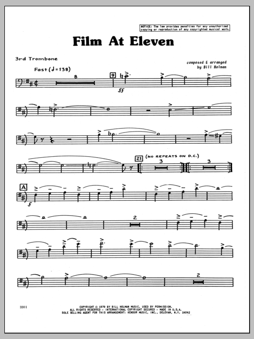 Learn to play Bill Holman Film At Eleven - 3rd Trombone sheet music for Jazz Ensemble in minutes. Bill Holman Film At Eleven - 3rd Trombone sheet music preview music notes and score for Jazz Ensemble including 4 page(s)