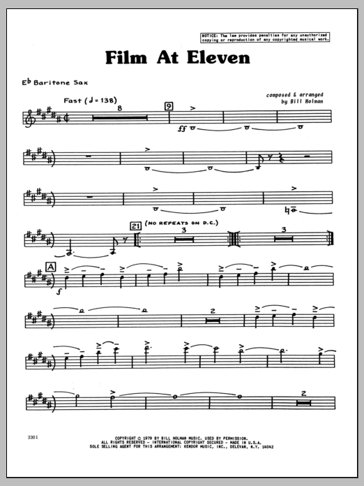Learn to play Bill Holman Film At Eleven - Baritone Sax sheet music for Jazz Ensemble in minutes. Bill Holman Film At Eleven - Baritone Sax sheet music preview music notes and score for Jazz Ensemble including 4 page(s)