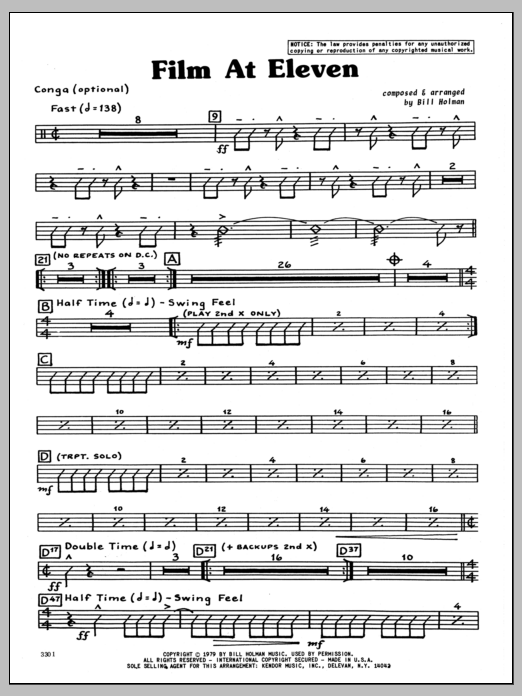 Learn to play Bill Holman Film At Eleven - Congas sheet music for Jazz Ensemble in minutes. Bill Holman Film At Eleven - Congas sheet music preview music notes and score for Jazz Ensemble including 3 page(s)